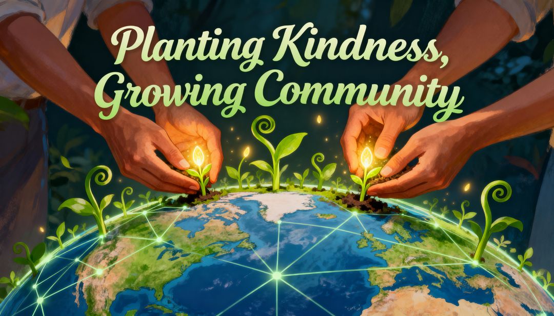 Planting Kindness Growing Global Community Hands Planting Glowing Seedlings on Globe