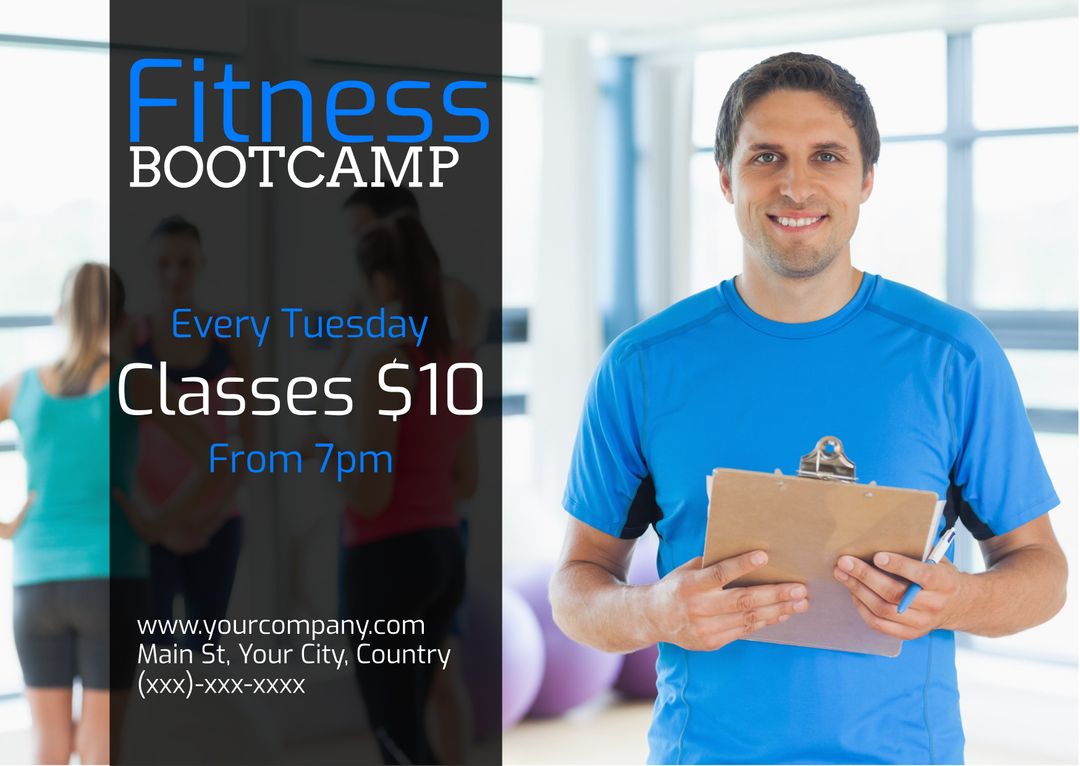 Smiling Fitness Instructor Promoting Bootcamp with Enthusiastic Invitation