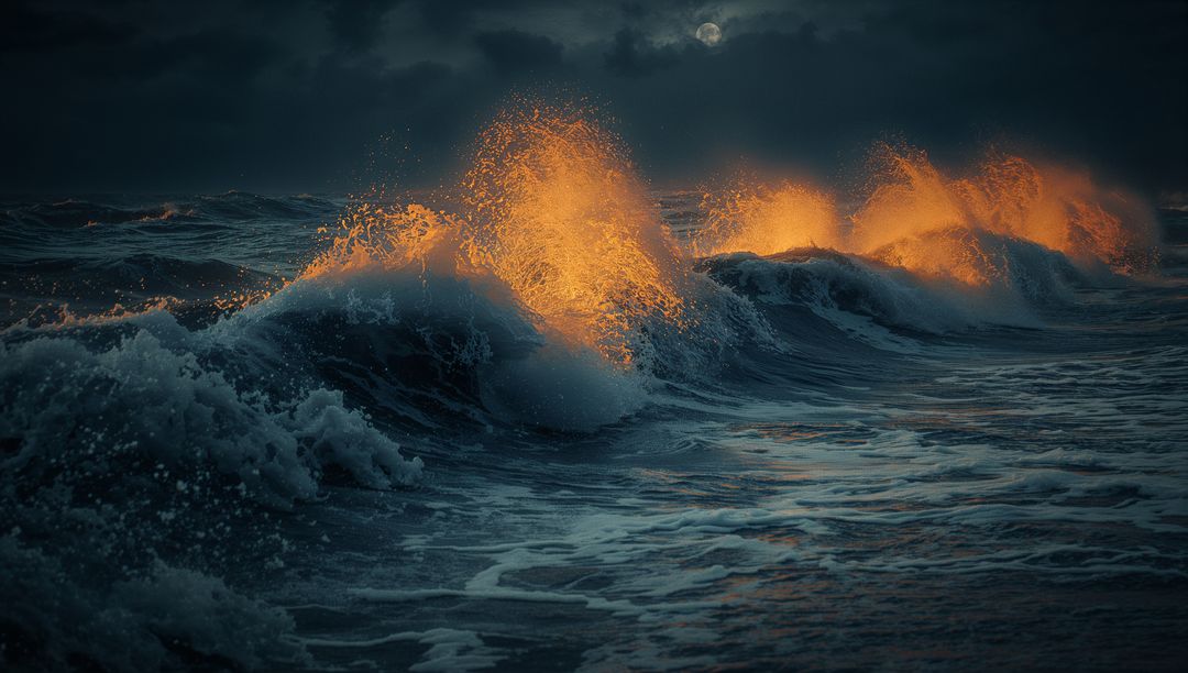Dramatic Nocturnal Ocean Waves with Glowing Wave Crests