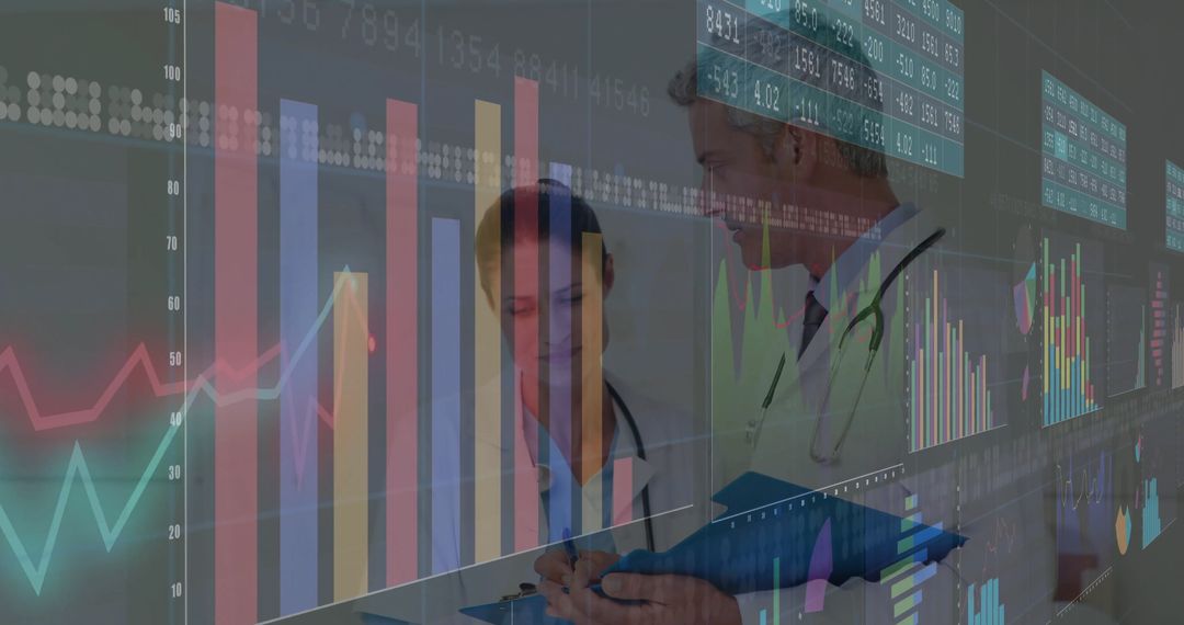Doctors Reviewing Data with Charts and Hospital Technology Overlay