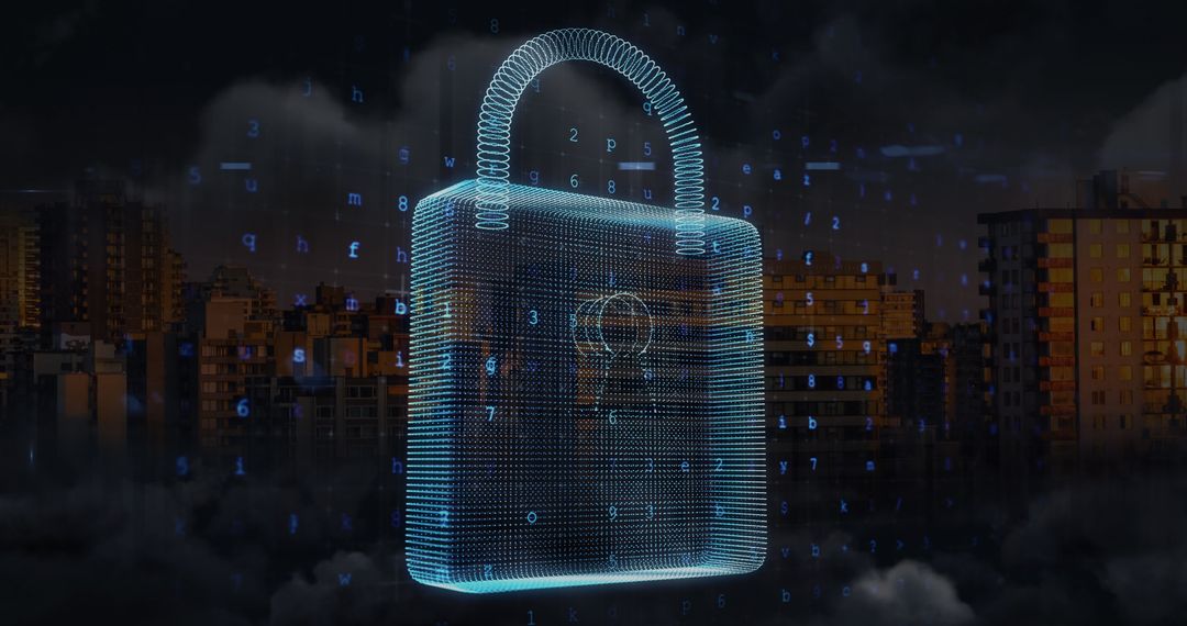 Digital Padlock Representing Cybersecurity Over City Skyline