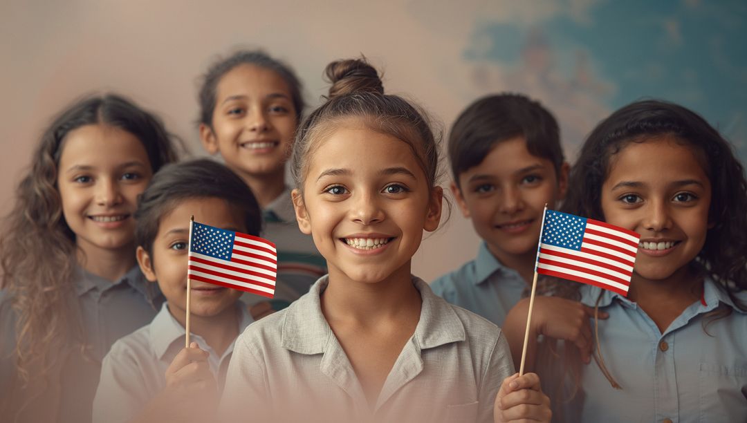 Smiling Students Holding American Flags in International Classroom