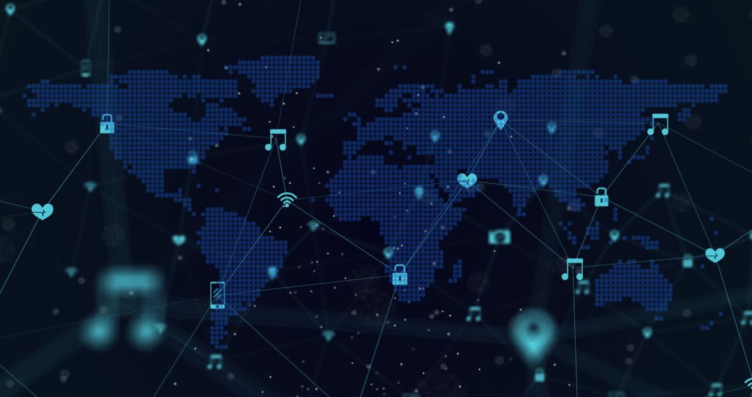 Global Network Connectivity and Technology Icons on Digital World Map