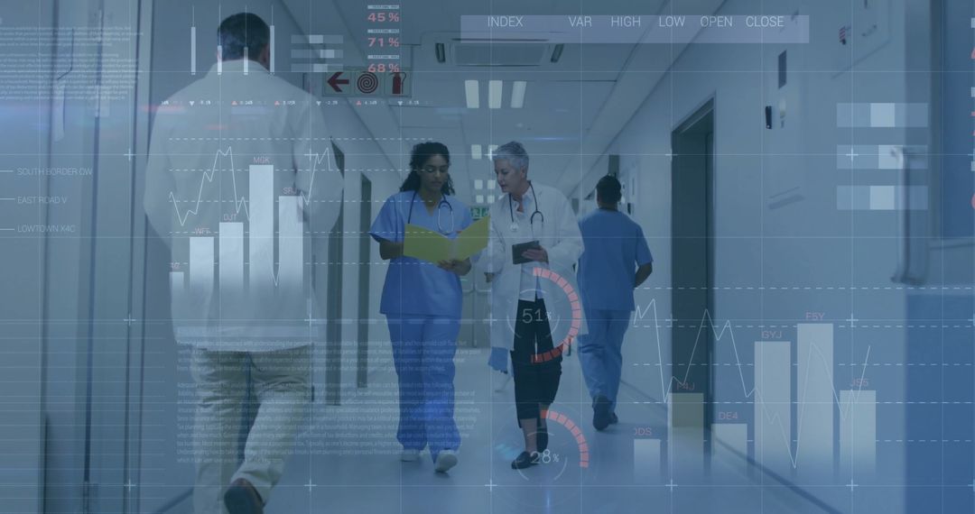 Medical Team Assessing Data in Hospital Corridor with Digital Overlay