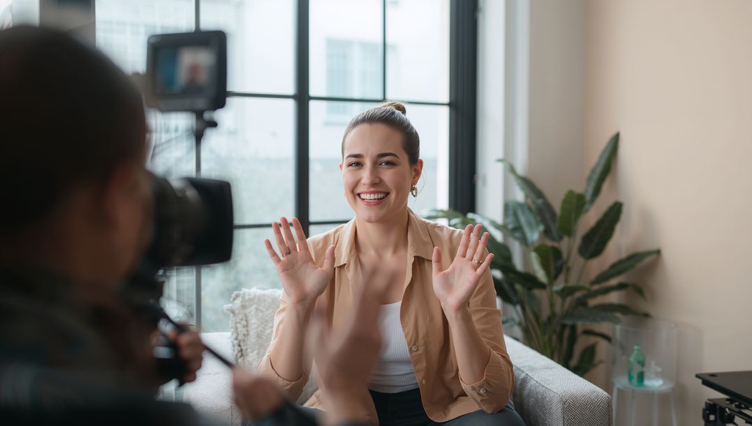 Smiling woman waving during live video recording at home studio with natural light