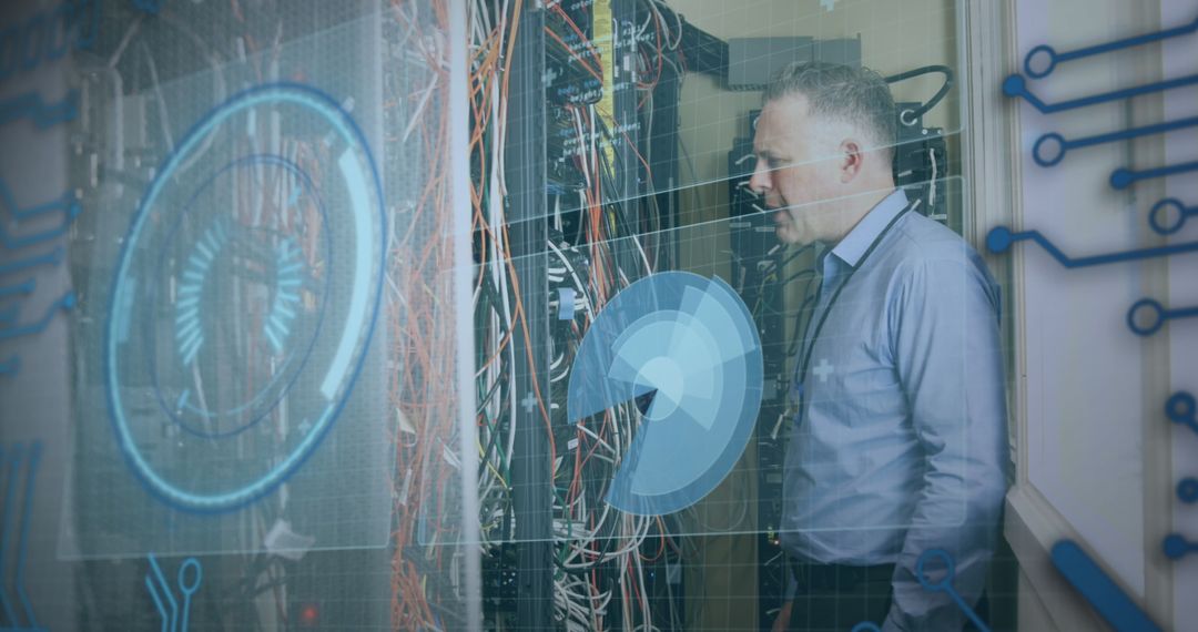 Man analyzing network servers in data center