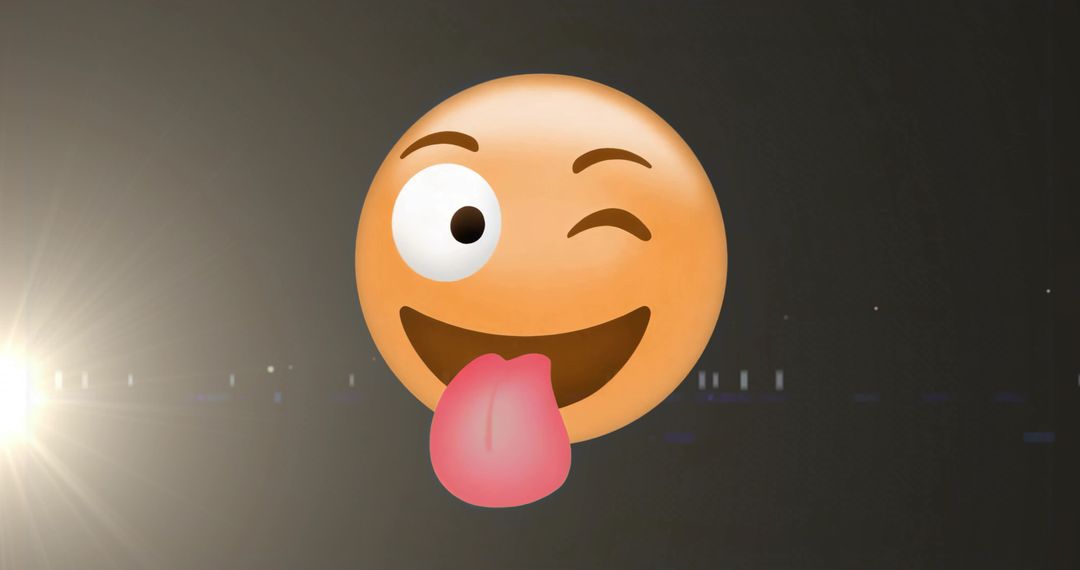 Playful Winking Tongue-Out Emoji Floating on Dark Stage with Spotlight Flare Emoticon