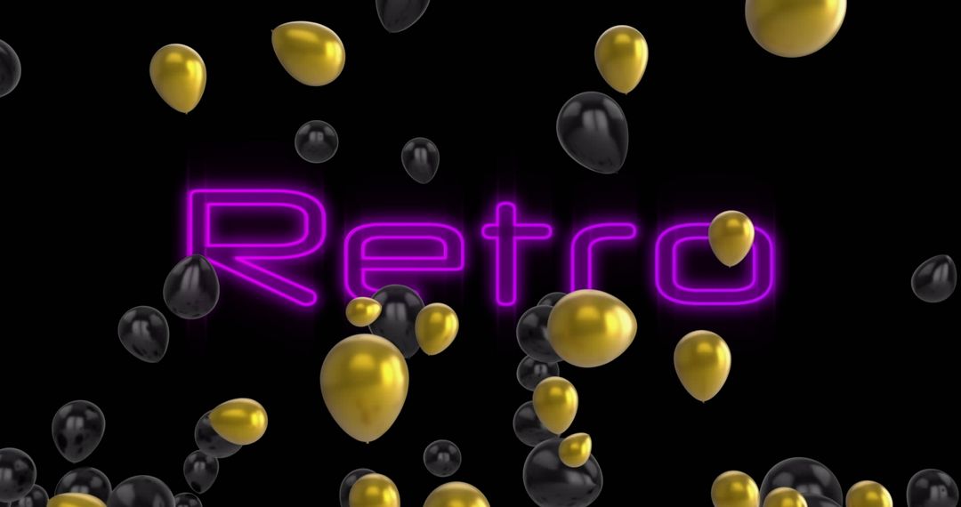 Retro Neon Text with Gold and Black Balloons on Black