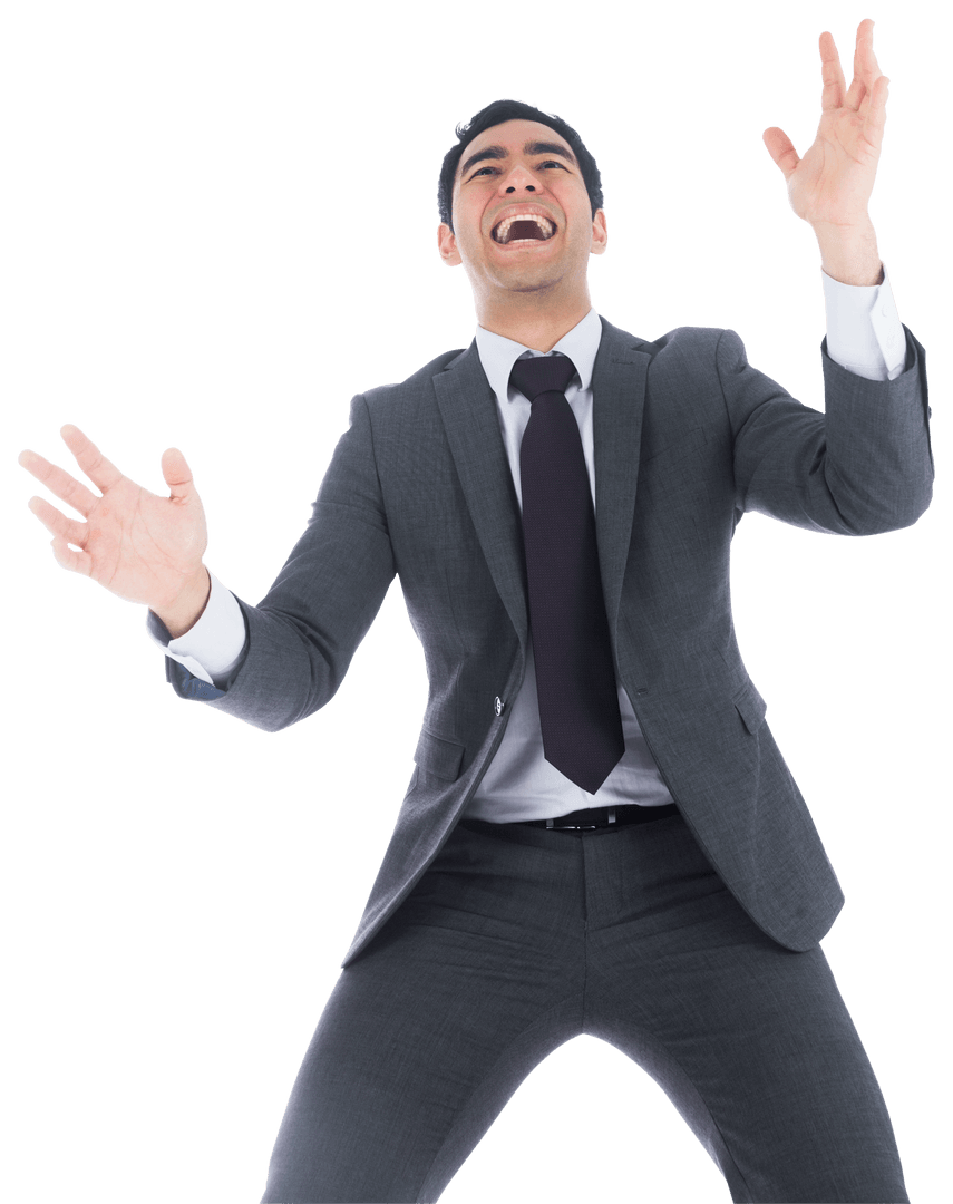 Excited Biracial Businessman Celebrating with Open Arms on Transparent