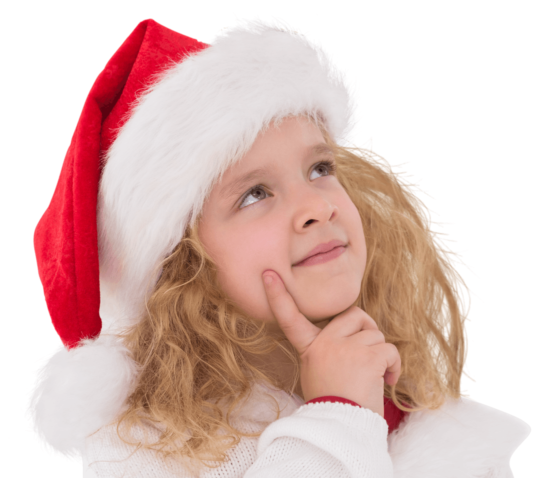 Transparent Background: Curious Little Girl Wearing Santa Hat Thinking