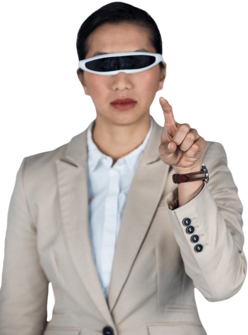 Transparent Businesswoman Using Virtual Reality Glasses Pointing Forward