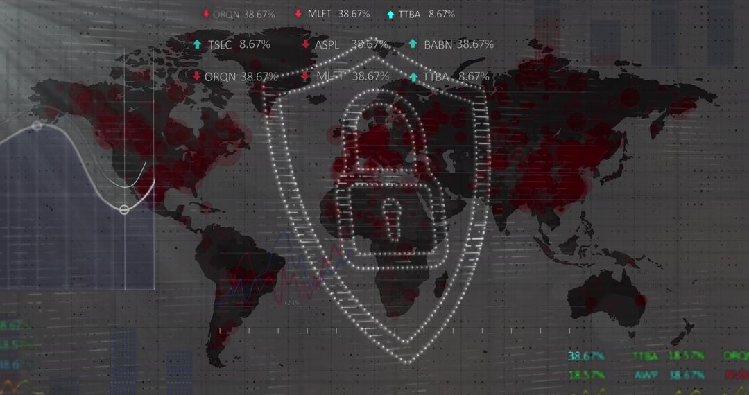 Cybersecurity Lock with Stock Market Data on World Map
