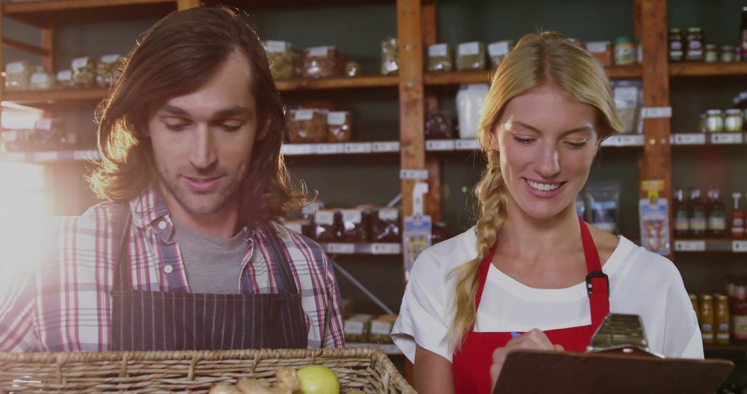 Happy Workers Organizing Fresh Produce in Rustic Market