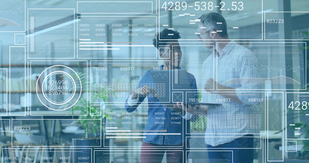 Colleagues Collaborating with Transparent Data Display in Modern Office