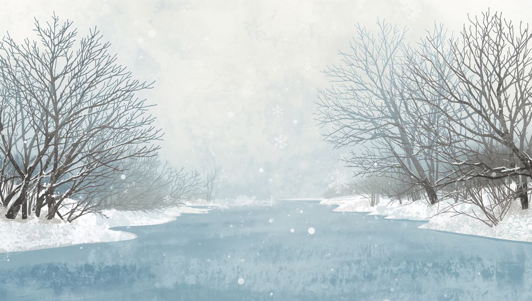 Flowing icy-blue river winding through snowy banks and bare trees with falling snow