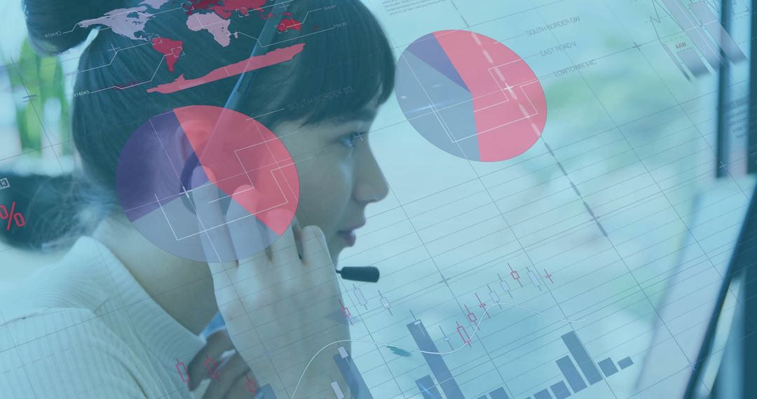 Businesswoman in Call Center Analyzing Financial Data on Screen