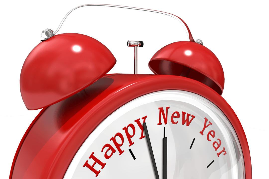 Transparent Happy New Year Text on Red Alarm Clock Close-Up