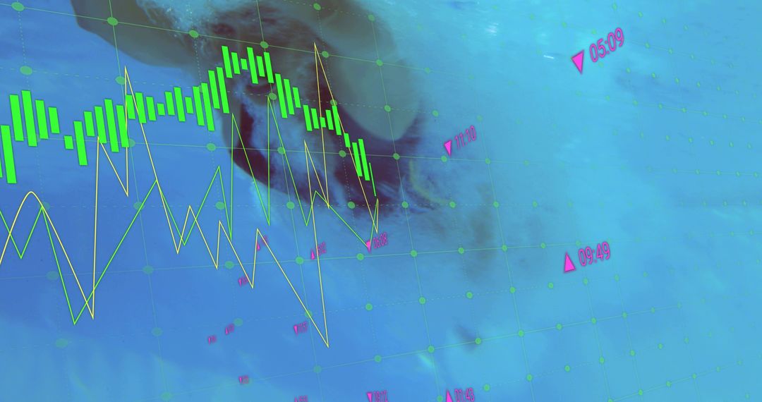 Displaying Neon Financial Market Charts Overlaid on Faint Human Face Grid Conveying Volatility