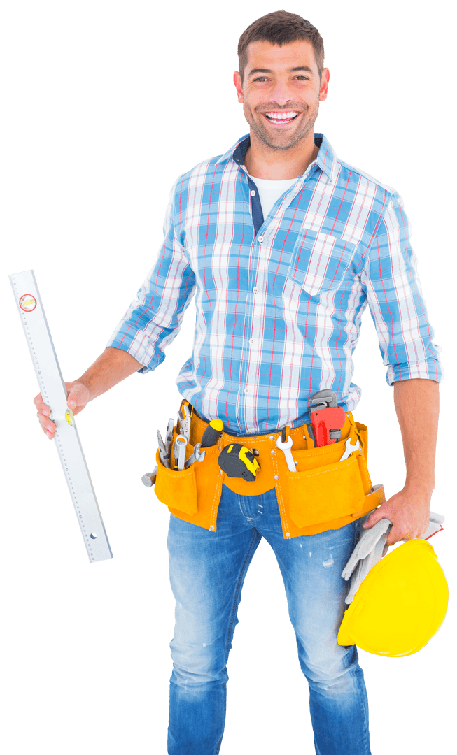Smiling Manual Worker in Plaid Shirt Holding Spirit Level Transparent
