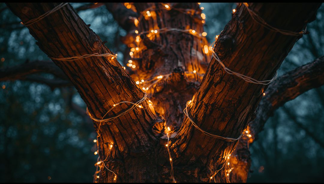 Illuminated Tree Branches Adorned with Warm Fairy Lights at Dusk