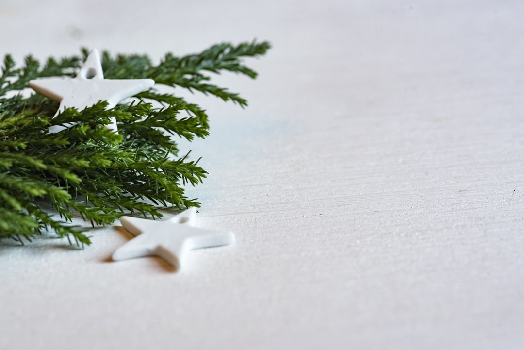 Minimalist Christmas decorations with white stars and evergreen branches - Free Images, Stock Photos and Pictures on Pikwizard.com