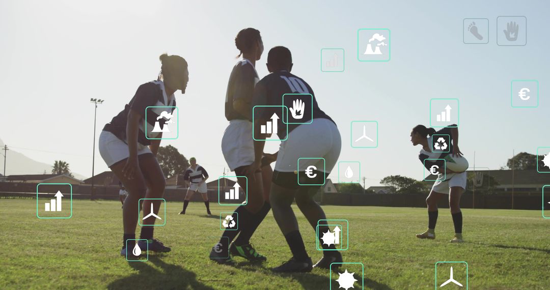 Female Rugby Players Training on Grass with Augmented Data Overlays for Performance