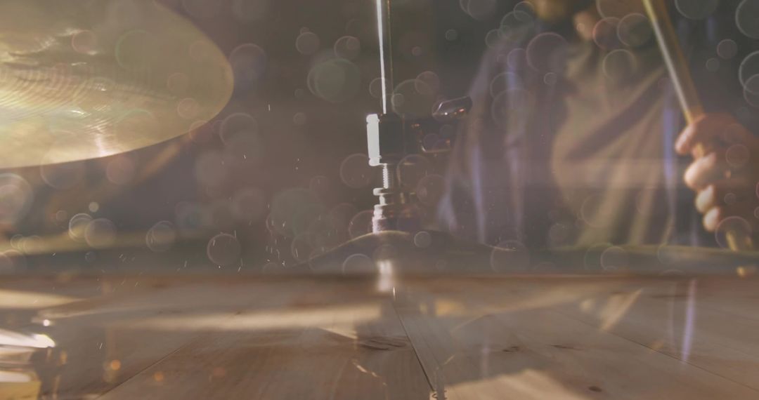 Dynamic Drummer Striking High-Hat on Stage with Passion and Skill