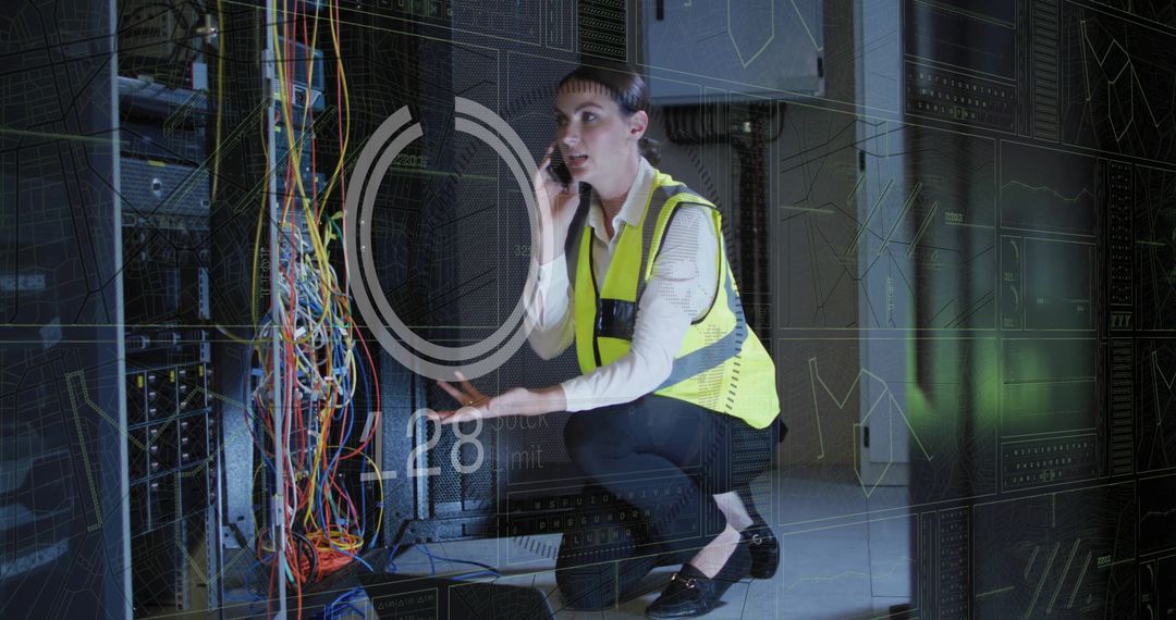Female IT Technician Managing Computer Servers with Data Overlay
