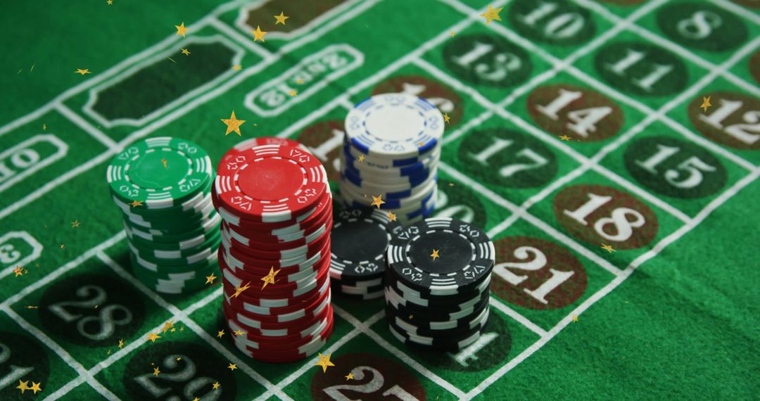 Elegant Casino Table with Poker Chips and Gold Stars Overlay