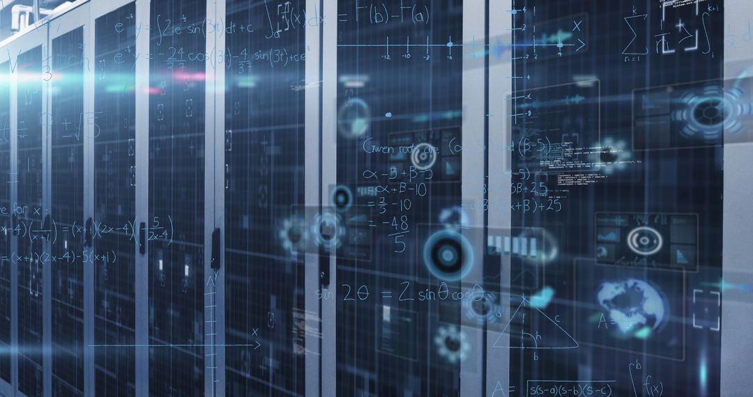 Futuristic Server Room with Digital Data Display Overlay