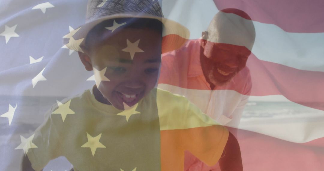 Joyful Father and Son on Beach with American Flag Overlay