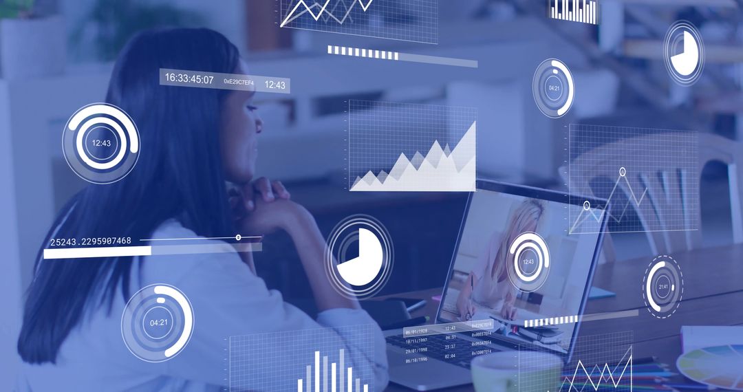 Businesswoman in Virtual Meeting with Data Analytics Overlays