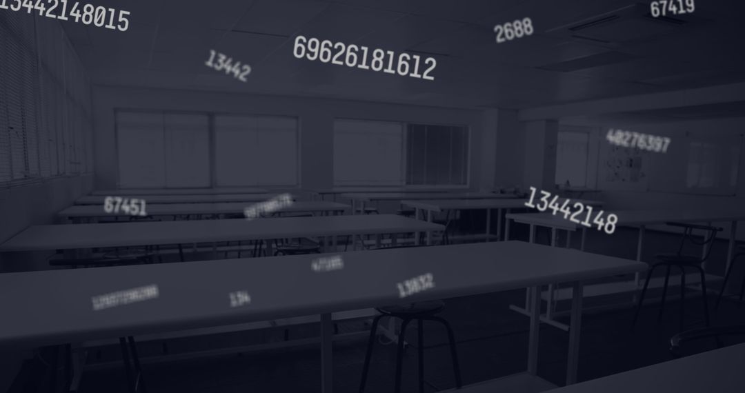 Digital numbers floating over empty classroom symbolizing data