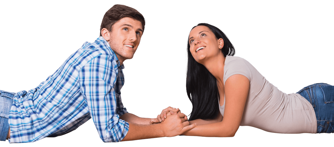 Smiling Caucasian Couple Lying and Holding Hands Transparent Background