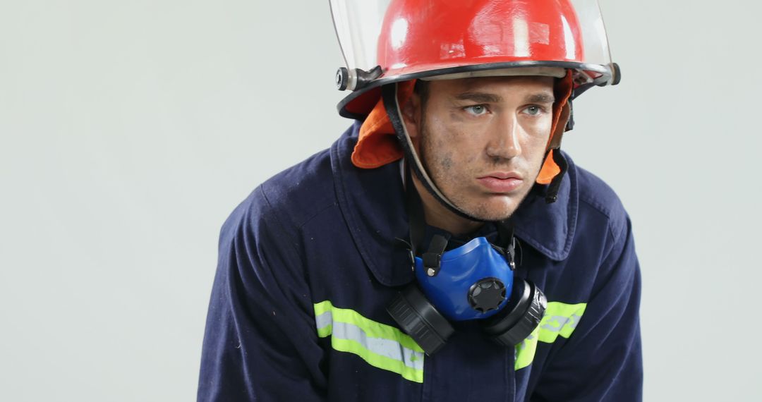 Biracial male firefighter wearing hardhat, protecting suit and mask, leaning, copy space - Free Images, Stock Photos and Pictures on Pikwizard.com