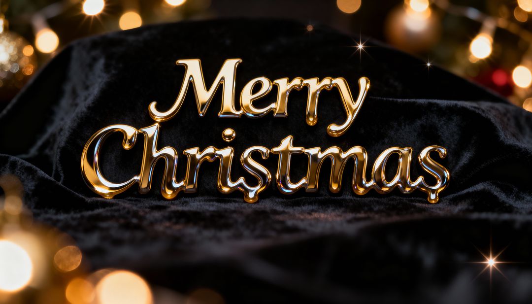 Golden Merry Christmas Lettering on Black Velvet with Warm Bokeh Lights