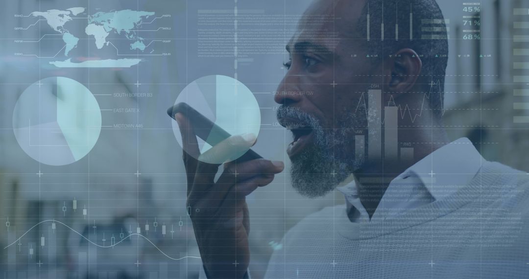 African American Man Engaging with Digital Interface and Financial Data