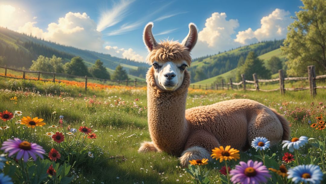 Brown llama resting in scenic flower-filled meadow