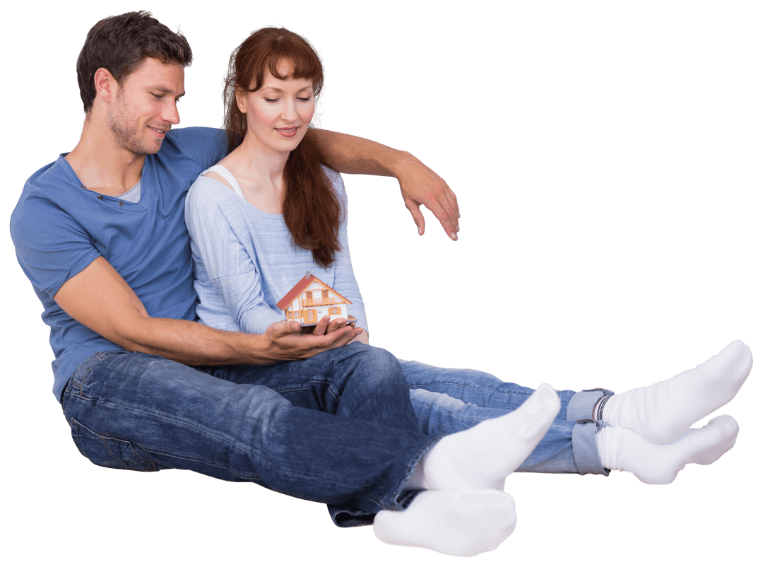 Happy Caucasian Couple Holding Mini House on Transparent Background