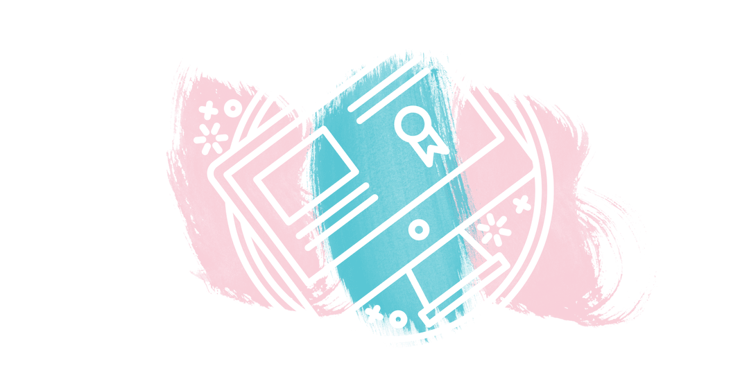 Transparent Abstract Computer Monitor Artwork with Pink and Blue Accents