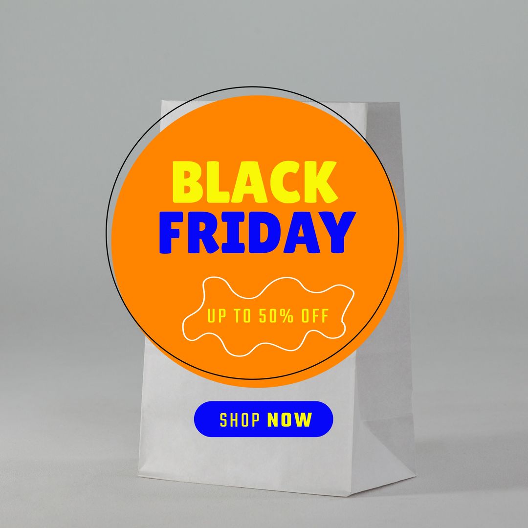 Composition of black friday up to 50 percent off shop now text over bag on grey background - Download Free Stock Templates Pikwizard.com