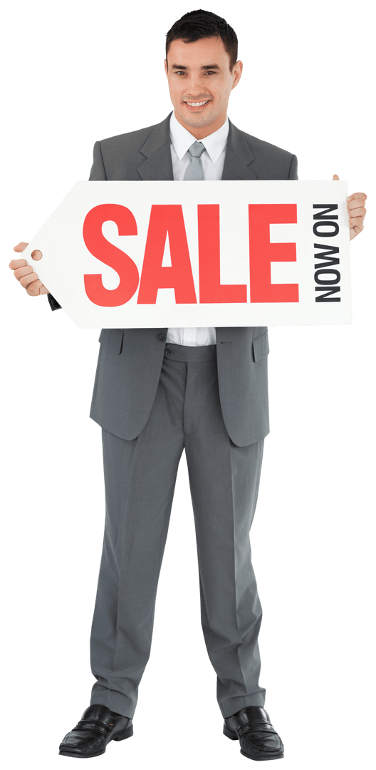 Businessman Holding Large Sale Sign on Transparent Background