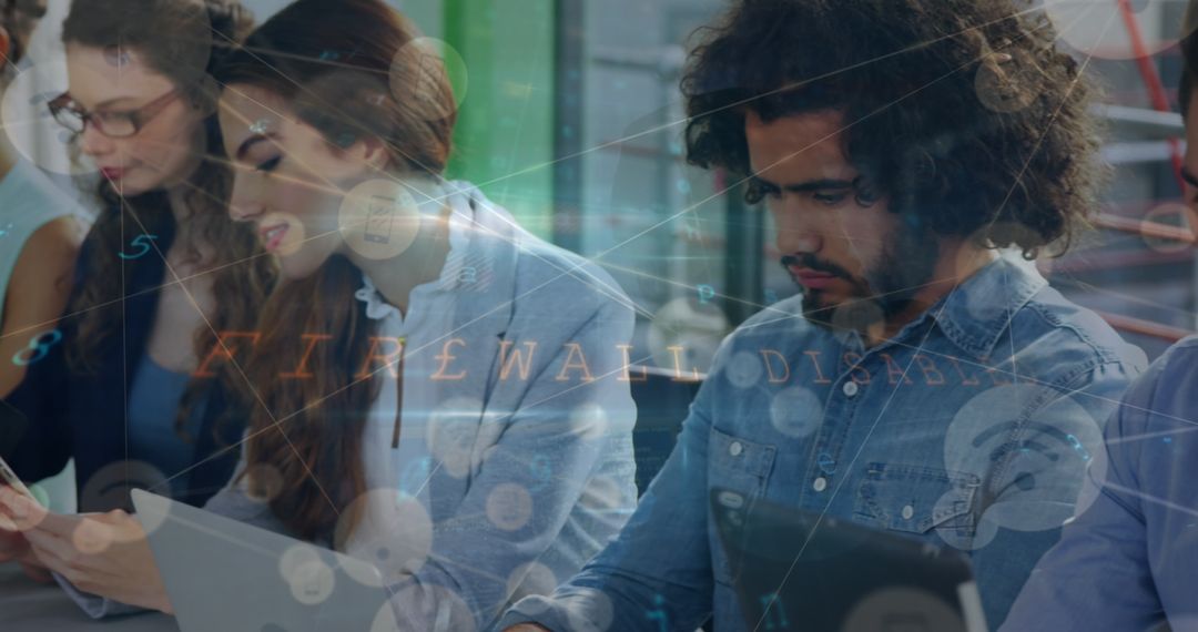 Diverse Coworkers Engaging with Digital Security Network Overlay