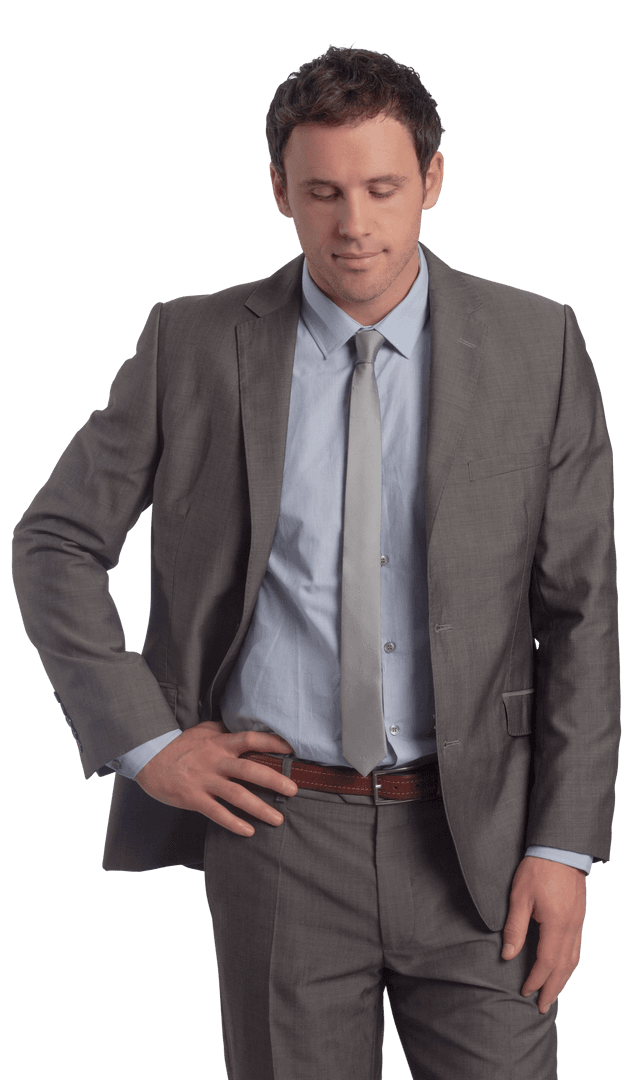 Transparent Businessman Standing in Gray Suit with Hand on Hip