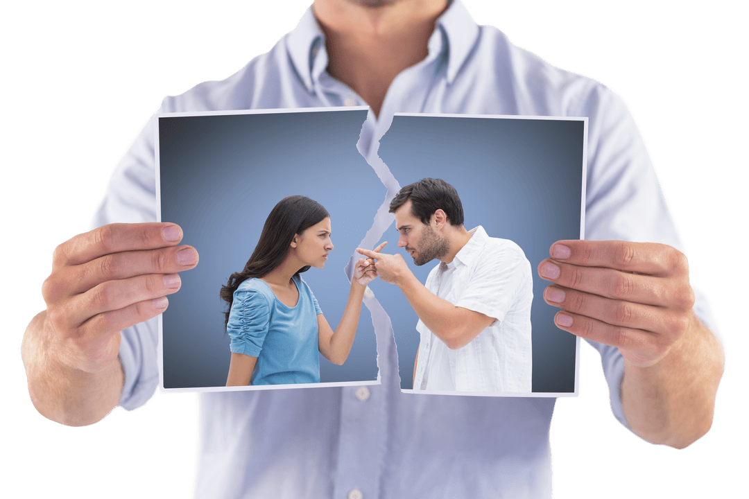 Transparent Torn Photo of Arguing Couple Held by Male