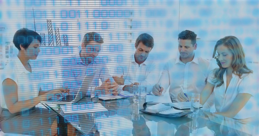 Business team collaborating around laptop with digital data overlay for corporate planning