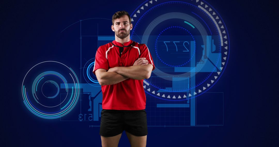 Rugby Player with Digital Interface Overlay in Virtual Environment