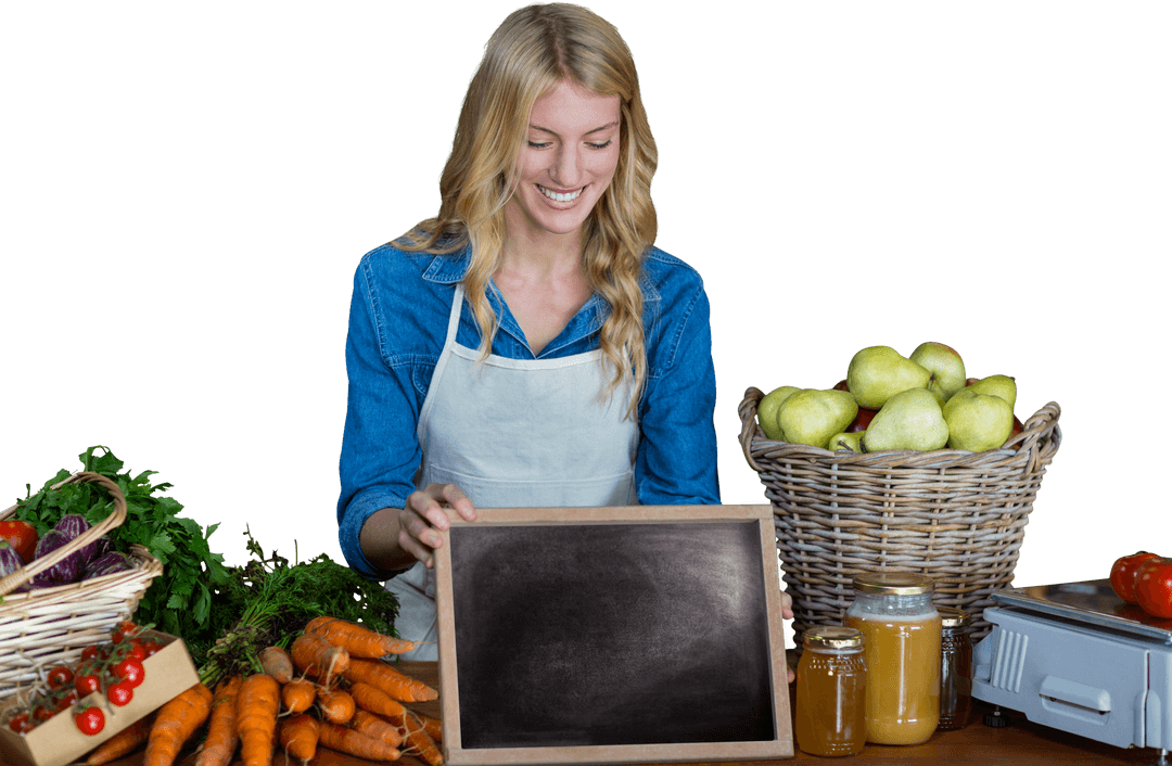 Happy Woman Holding Chalkboard with Fresh Produce on Transparent Background