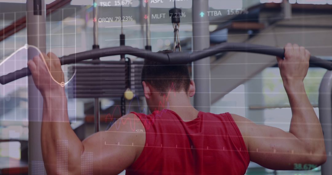 Muscular Man Exercising with Digital Data Overlay