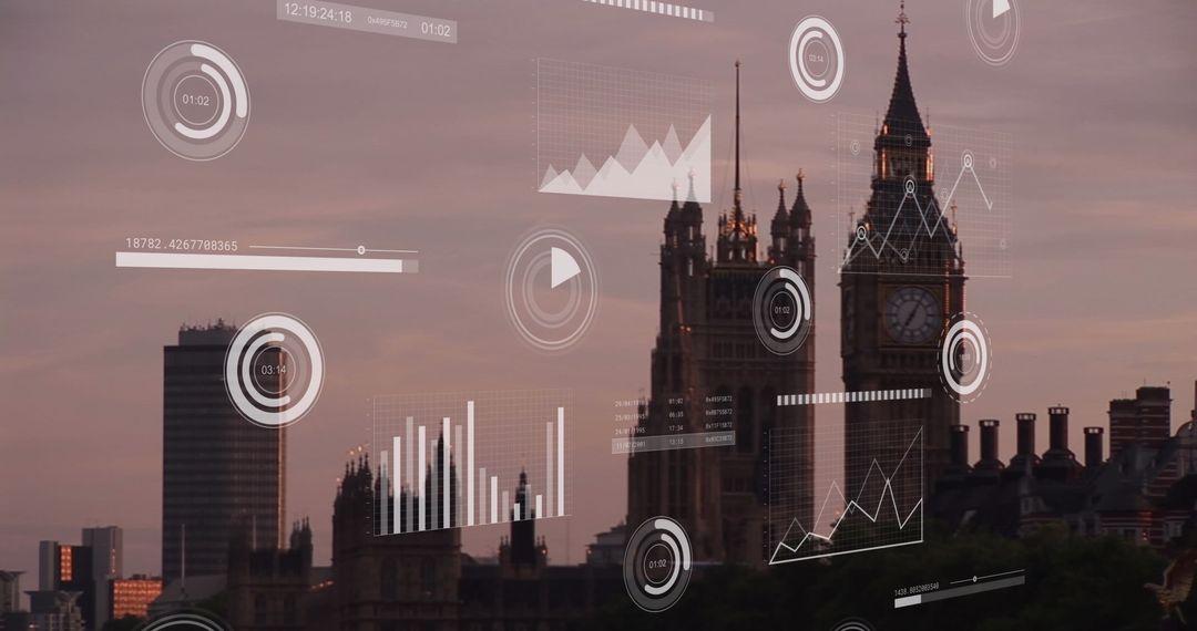 Futuristic Data Visualization Overlay on London Skyline